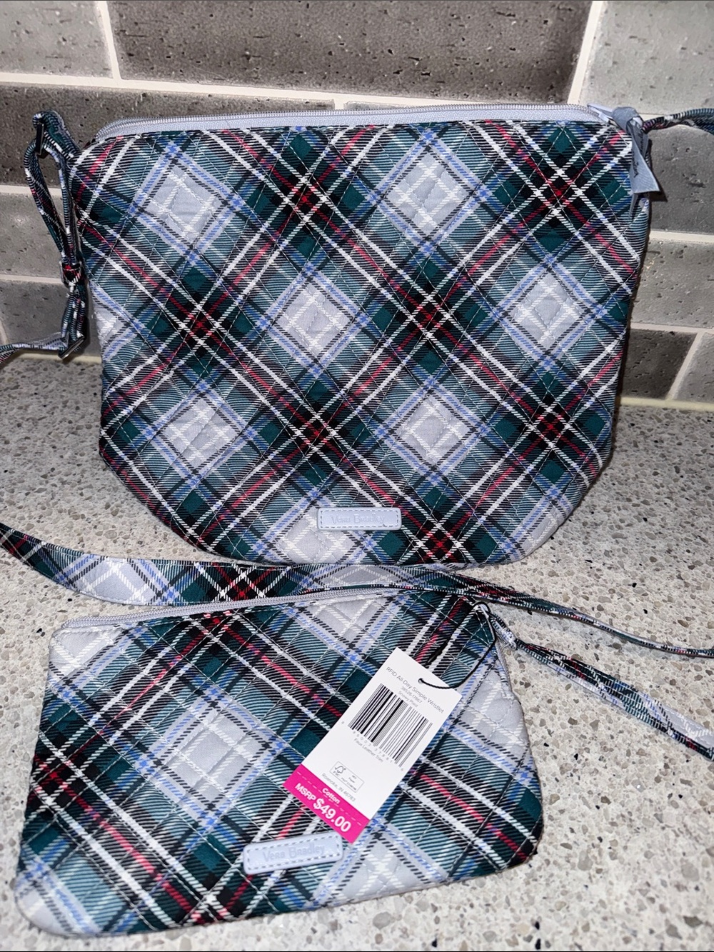 Vera Bradley Snowy Plaid Bucket Crossbody Bag and Wristlet. New
